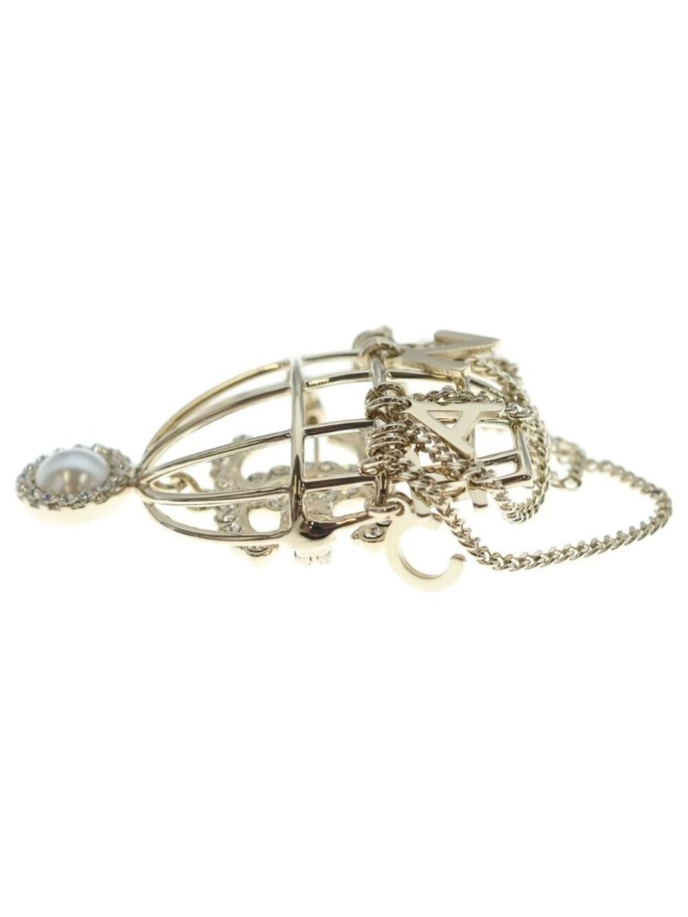 Chanel CC Logo Chain Rhinestone Pearl Brooch Gold - Picture 4 of 6